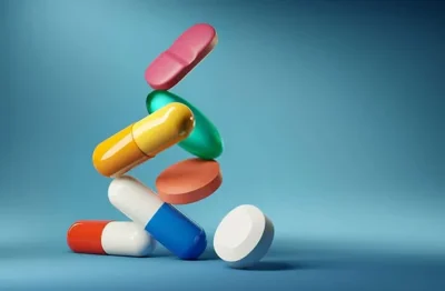 A stack of colorful capsules and tablets balancing against a blue background, with some pills appearing to hover in mid-air.
