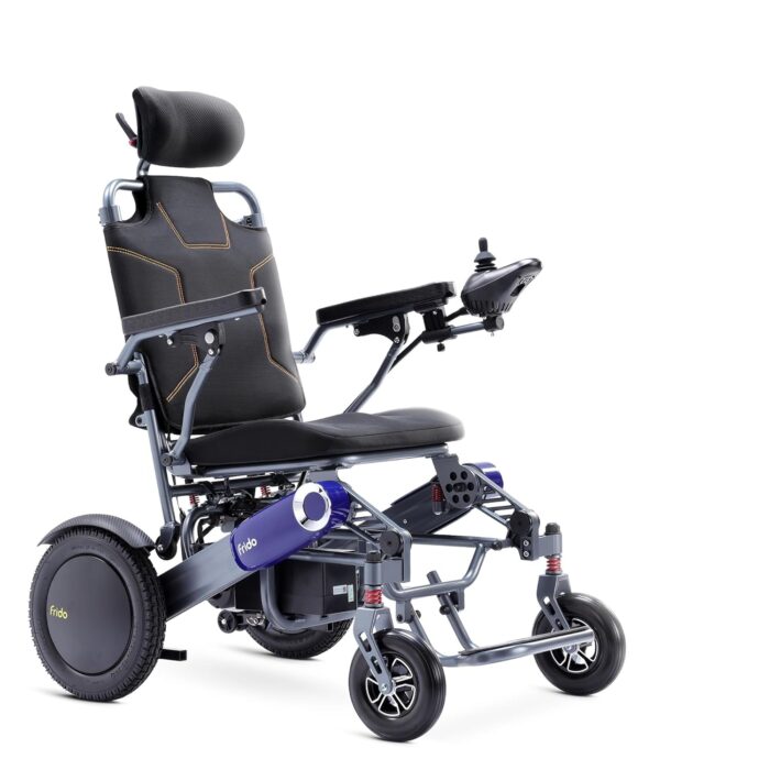 Side view of Frido Prime Plus electric wheelchair with compact foldable aluminium frame