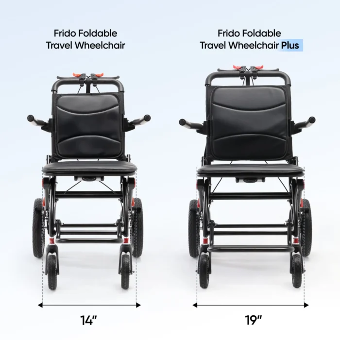 Frido Travel vs Travel Plus Wheelchair 14 inch and 19 inch seat comparison