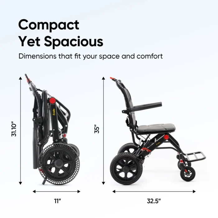 Frido travel wheelchair compact folded and open dimensions